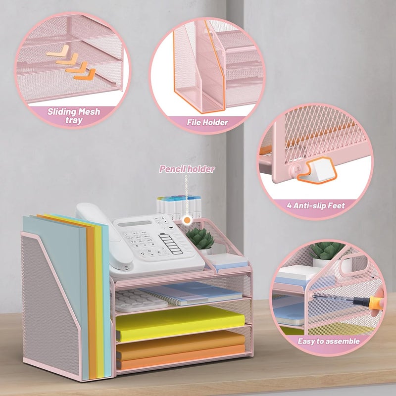 Docnest 4 Tier Paper Letter Tray File Organizer, Mesh Desk File with Handle, Workspace Desk Organizers with Pen Holder, Office Organization Storage Accessories - Pink - Image 4